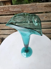 MCM BLENKO  ART GLASS ABSTRACT TRUMPET VASE 16" TEAL BLUE 