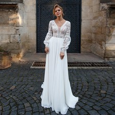 Boho Wedding Dress Elegant Long Sleeves Lace See through V Neck Bridal Gowns