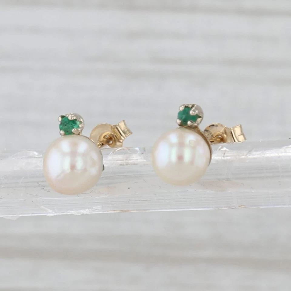 Saltwater Cultured Pearl Emerald Stud Earrings 14k Yellow Gold Studs - Image 2 of 4