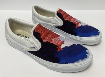 VANS M 11.5 Customs Slip On Skate Shoes Blue Red White Music Notes Ocean Print