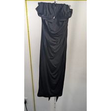 Black Ruched Bodycon Midi Dress Strapless Style Gathered Bust Tie Back Cocktail