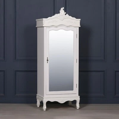 LA MAISON CHIC French Style White Chateau Single Armoire Full Mirror Door Shabby Chic Wardrobe