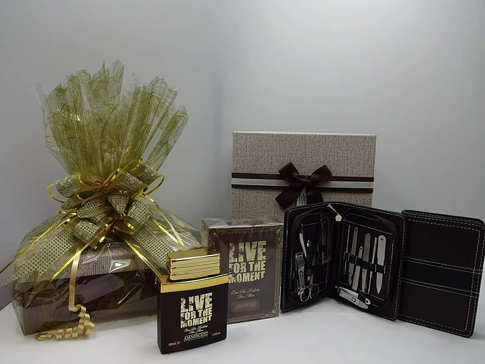 MIX BRANDS Luxury Gift Box Hamper For Men, Live For The Moment edt + 11 pc Manicure Set