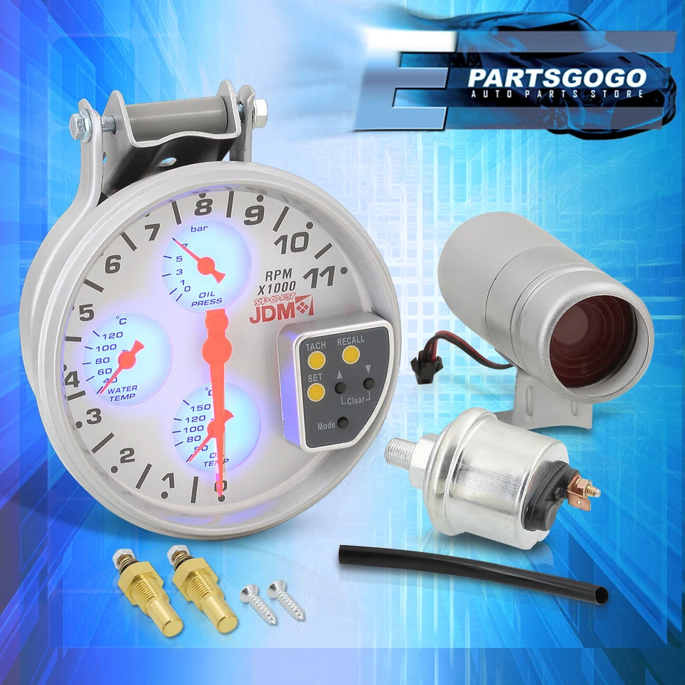 Universal 5" JDM 4-in-1 11k Oil Water Temp Gauge Cluster Tach Tachometer White - Image 3 of 4