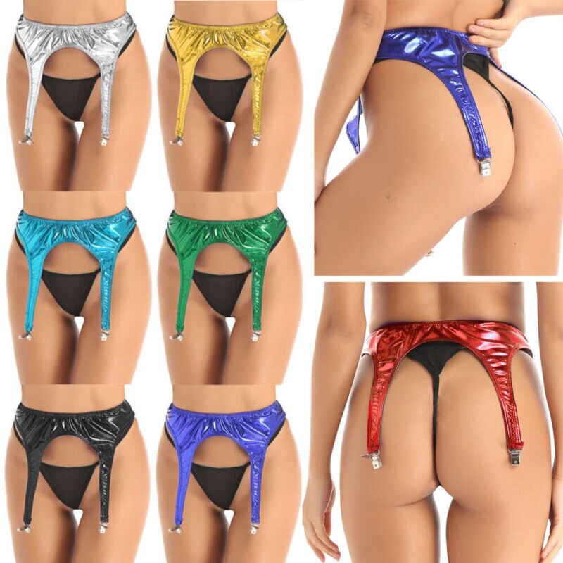 Woman Shiny Garter Belt 4 Straps Metal Clip Suspender Belt Lingerie for  Stocking | eBay