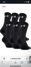 UNDER ARMOUR Men Crew Socks 6 Pair 76% cotton BLACK Size Large Cotton Pack  8-12