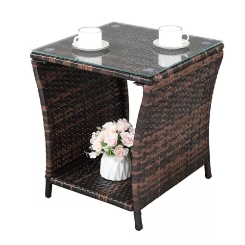 Glass Surface Brown Gradient Iron Frame Rattan Side Table Hot Sale - Picture 1 of 12