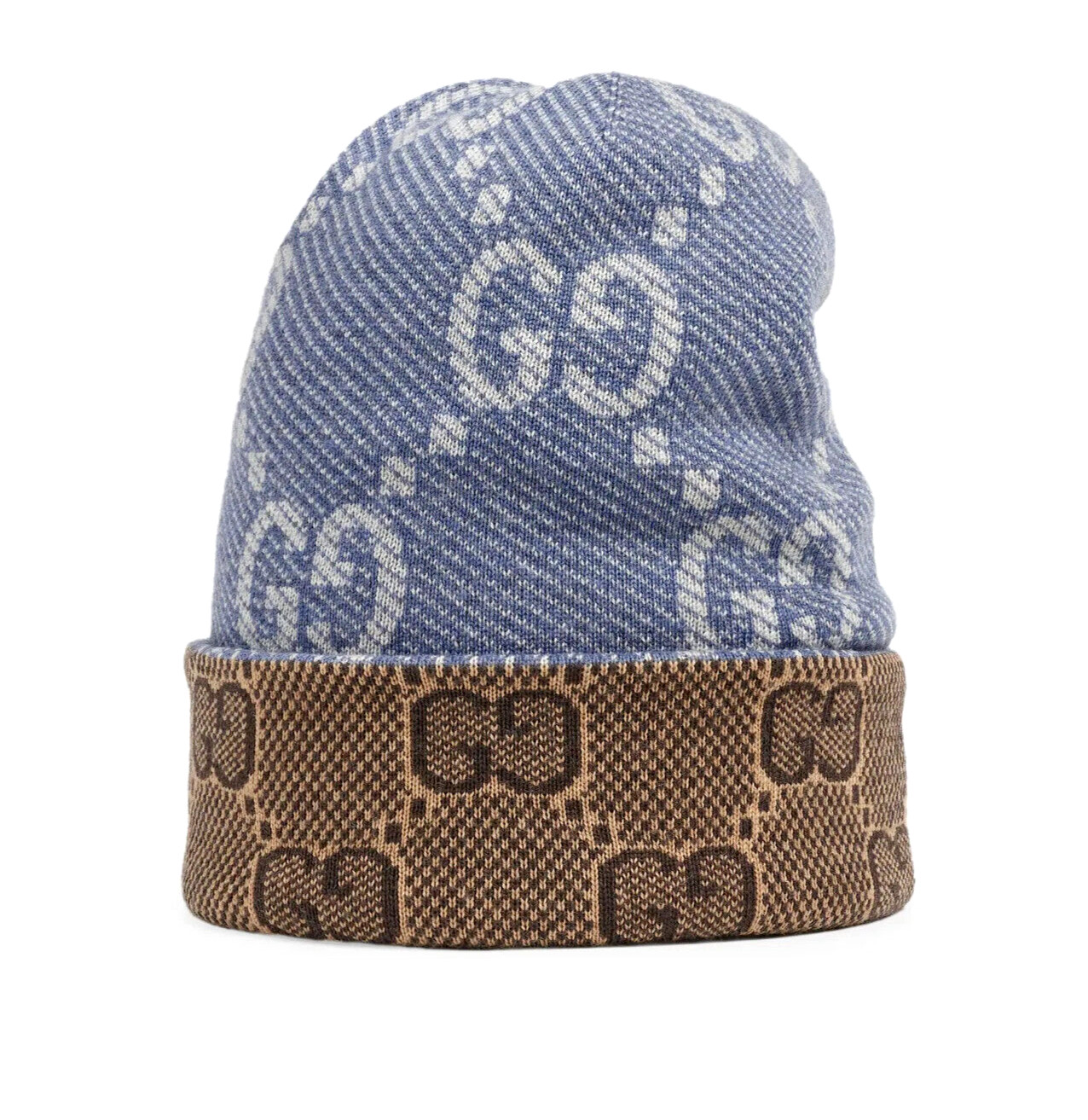 НОВАЯ ДВУХСЛОЙНАЯ ДВУСТОРОННЯЯ ШАПКА-БИНИ ИЗ ШЕРСТИ GG GUCCI СИНЕ-БЕЖЕВОГО ЦВЕТА, 58/M