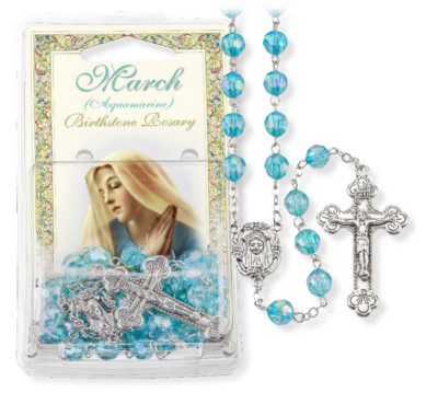 March Aqua Birthstone Rosary, Acrylic Aurora Borealis Beads, 22.5'', Italy