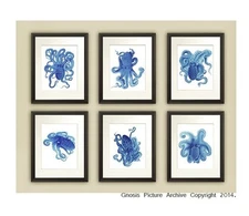Blue Octopus Prints set of 6 Unframed Blue Beach Decor Bathroom Wall Art