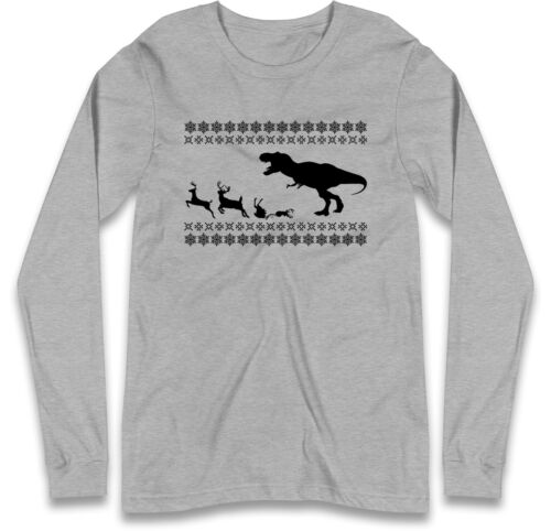 Funny T-Rex Ugly Christmas Full Sleeve TShirt,Dinosaur Chasing Reindeer Gift Tee - Picture 7 of 10