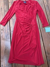 American Living  Dress Asymmetrical Faux Wrap Ruched Side Flounce Red 4 NWT