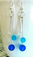 BLUE, AQUA, CRYSTAL drops sea glass earrings SILVER plated posts handmade 2"L