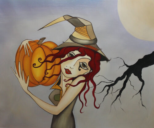 Art mural fête d'Halloween sorcière chauve-souris citrouille peinture à l'huile toile peinte à la main  - Photo 1/5