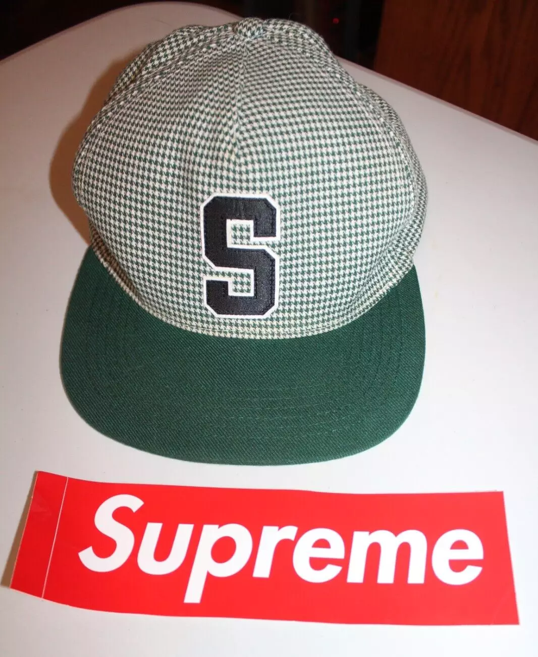 Authentique casquette chapeau pied de poule SUPREME 5 panneaux vert avec boîte logo autocollant SS12