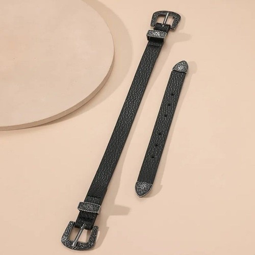 Collana girocollo nera Western Southwestern doppia fibbia in pelle PU nuova - Foto 3 di 4