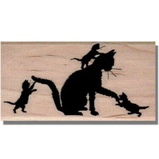 Wood Rubber Stamp, Sweet Cat With Kittens, Mother,Kitty,Mom,Cats Playing,Animals
