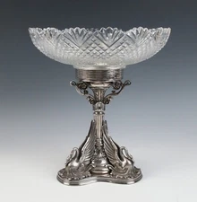 Antique Silver Plate Cut Crystal Swan Tazza Table Centerpiece Bowl Compote Glass