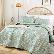 Quilts Queen Size Sage Green Quilt Botanical with Floral Pattern Microfiber B...