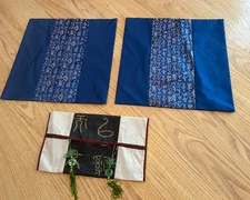 Asian Oriental Satin  Throw Pillow Cover Set Of 3 Square And Round Blue Tassels