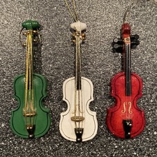 Vintage Wooden Violins Christmas Tree Ornaments 5". Lot of 3. White Green Brown