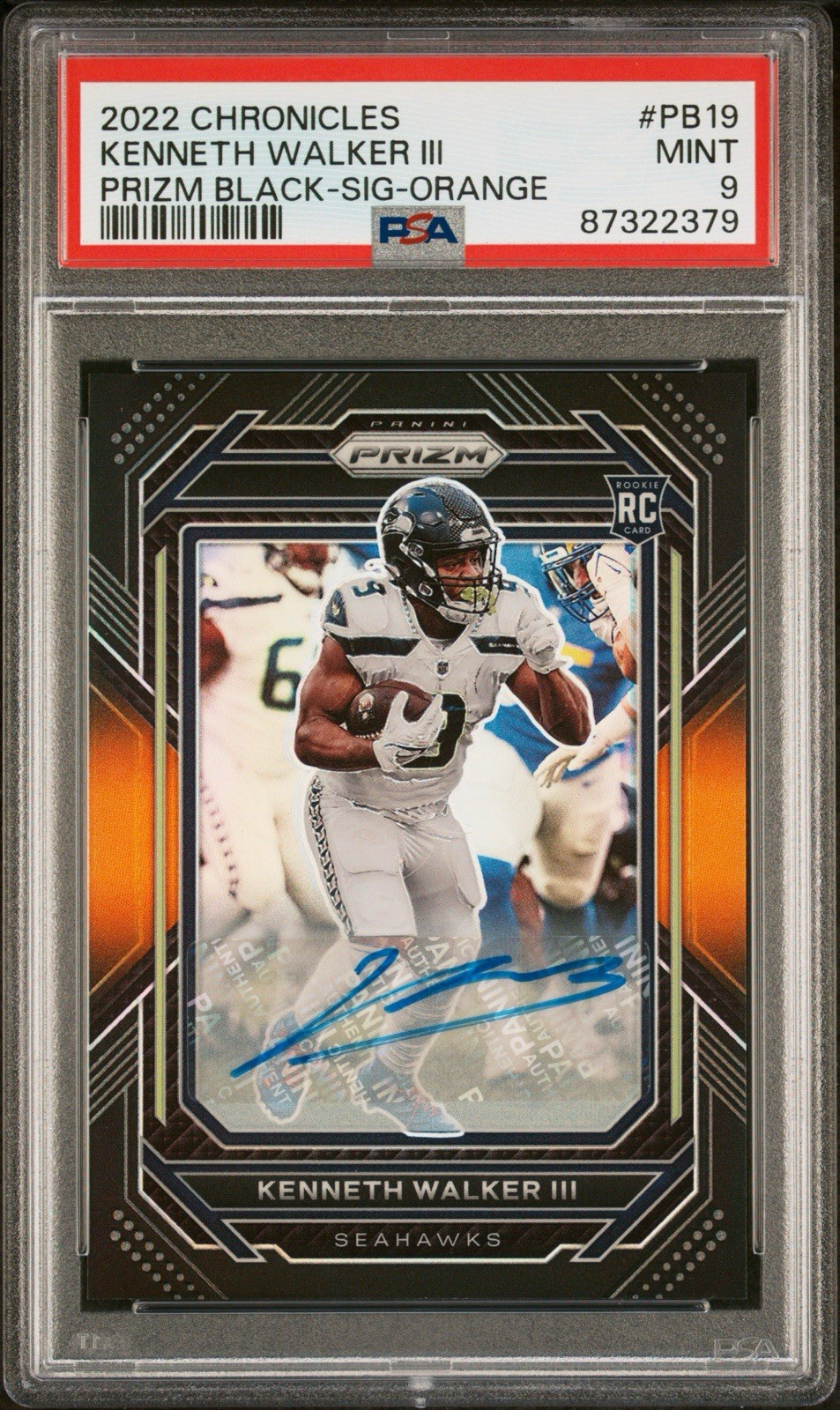 2022 Panini Chronicles Prizm Black Kenneth Walker III RC Auto Orange /75 PSA 9