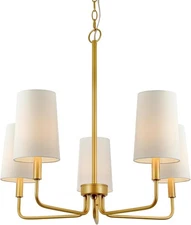 Chandelier, Muted Gold with White 5-Light Fabric Shades 