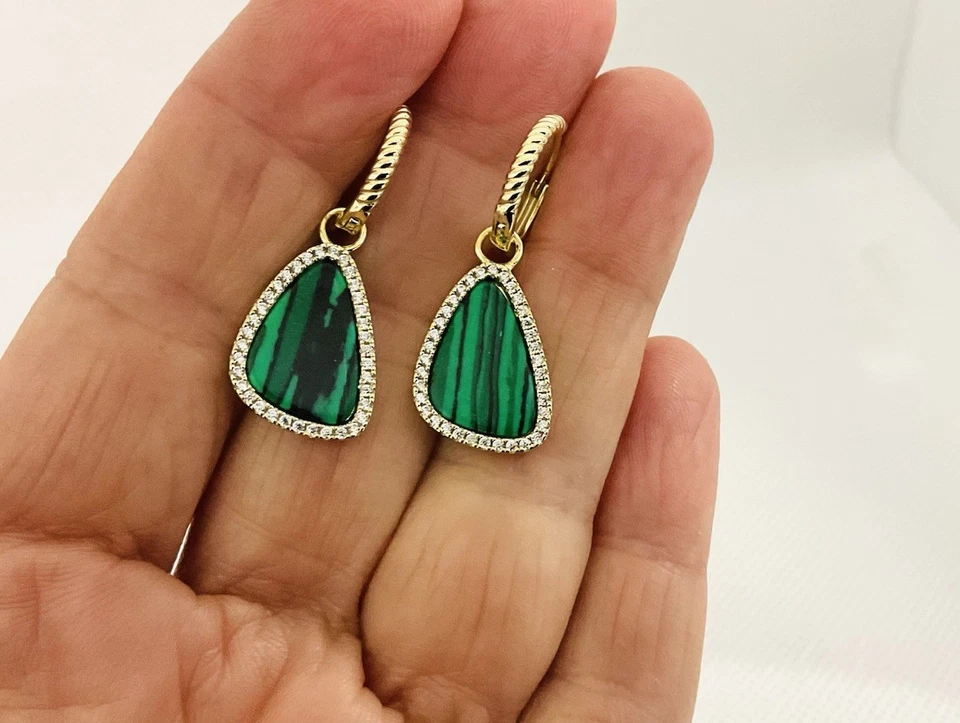 Malachite Sterling Silver Gold Tone Earrings - Image 3 of 4