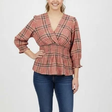 New Harve Benard Top size XL Mauve Plaid Metallic Smocked Feminine Blouse