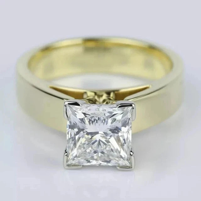 3CT Princess-Cut VVS1 Moissanite Solitaire Engagement Ring 14K Yellow Gold Plate