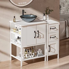 36" Bathroom Vanity with Glass Vessel Freestanding Storage Side Cabinet White