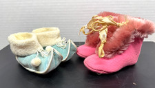 Vintage Antique 2 Pairs Baby Shoes Blue Pink Felt Suede 1930-40