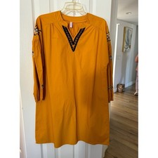 Mustard Embroidered Peasant Dress Bohemian Tunic Top Long Sleeve