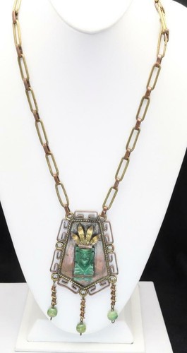 Vintage Statement Carved Malachite Mayan Aztec Warrior Necklace Copper Mexico - Picture 5 of 6