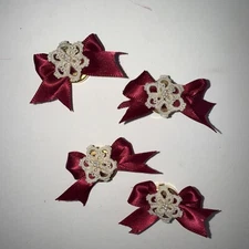 Vintage burgundy bow button covers with Crochet Center & seed pearls