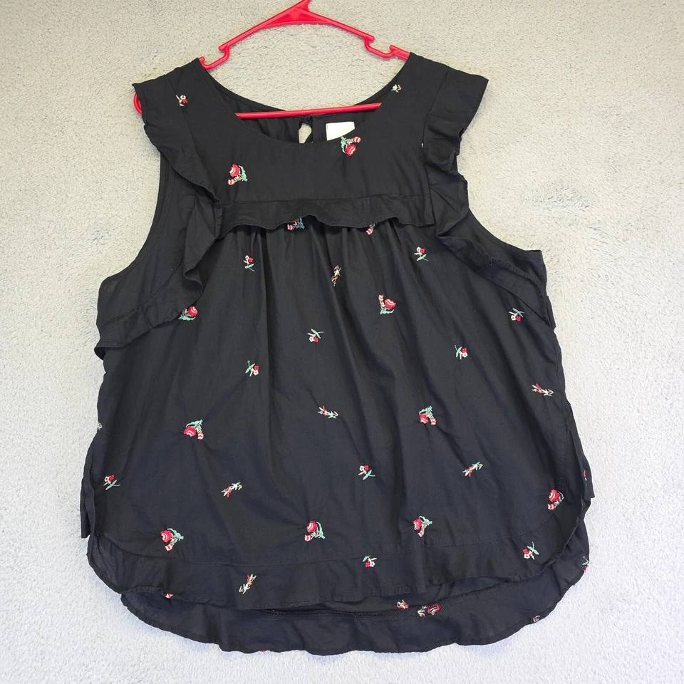 Lauren Conrad Top Womens XL Black Floral Embroidered Ruffle Dainty Whimsigoth - Image 3 of 4