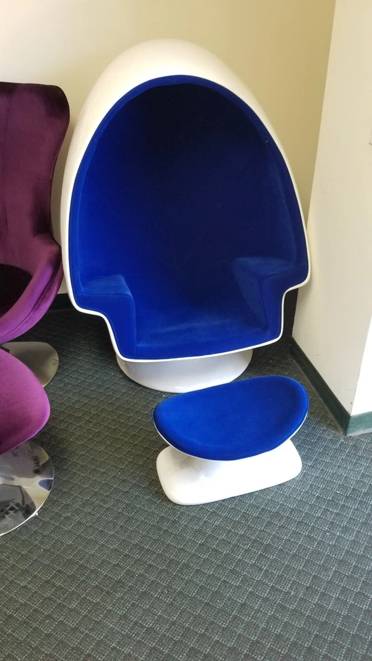 Alpha Egg Chair and Ottoman blue Fabric White egg shell Chamber shape #3021 - Image 2 of 4