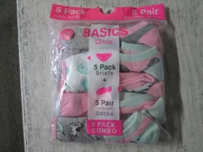 Basics Girls 5 Pack Briefs & 5 Pair No Show Socks, Size XS, NIP