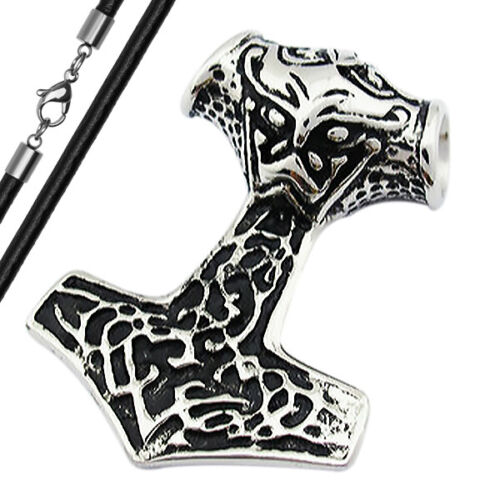 Anhänger Edelstahl Halskette Lederkette Kugelkette Gothic Thors Hammer Herren - Bild 1 von 3