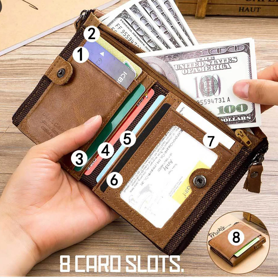 Vintage cowhide leather men's zipper wallet with ID card slot travel coin holder - Image 4 of 4