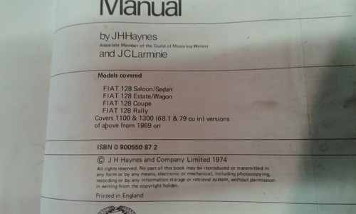 FIAT 128 OWNERS WORKSHOP MANUAL. Faded Hardback C.1970s - Picture 3 of 3