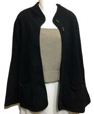 Focus Black Lagenlook Jacket Medium Puffed Waffle Textured Weave Button Down Top