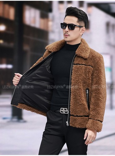 New Men's Fur Lapel Fur One-piece Lamb Plush High-end Coat Thickened Real Wool - Picture 18 of 21