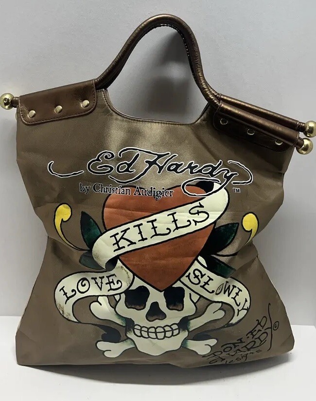Ed Hardy Large Y2k Love Kills Nylon Tote By Christian Audigier