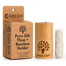 Gaia Guy Natural Silk Dental Floss with Floss Refills & Reusable Bamboo Holder