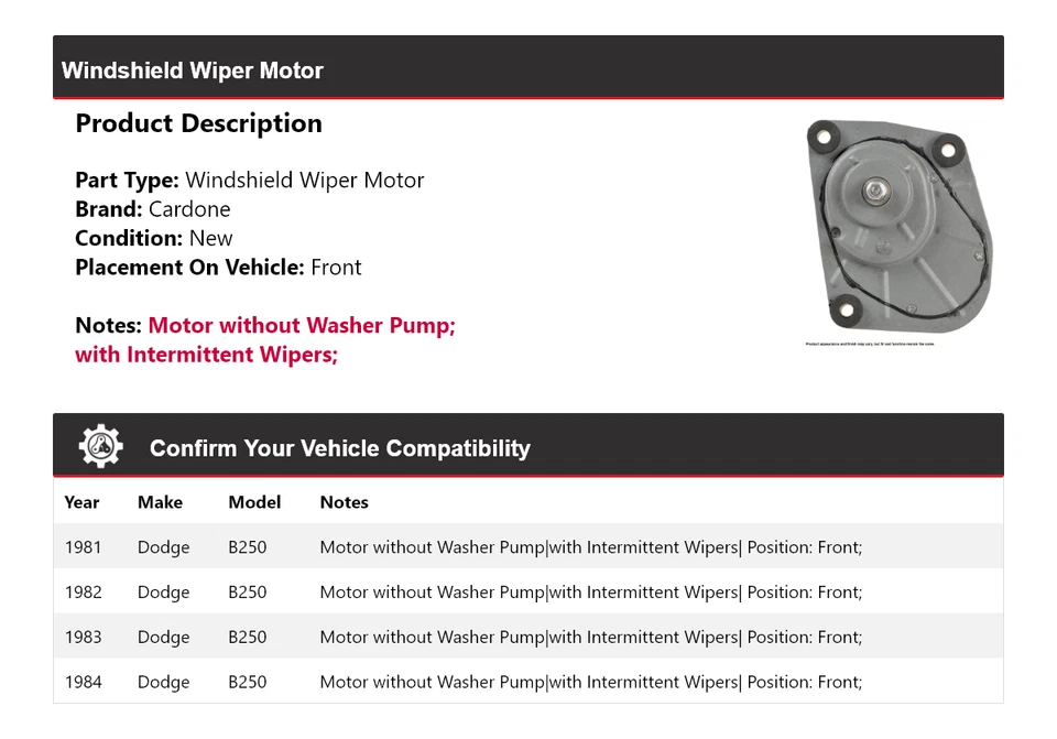 Para Dodge B250 1981-1984 Limpiaparabrisas Motor Delantero Cardone 1982 1983 Foto 2 de 4