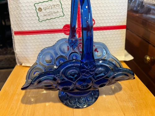 COBALT BLUE GLASS BASKET LE SMITH MOON AND STARS HANDLE RADIANT BLUE GLASS 9"L