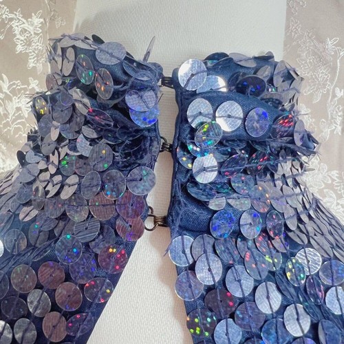 Adrianna Papell Evening Dress Navy Blue Iridescent Sequins Column Gown Size 2 - Picture 10 of 10