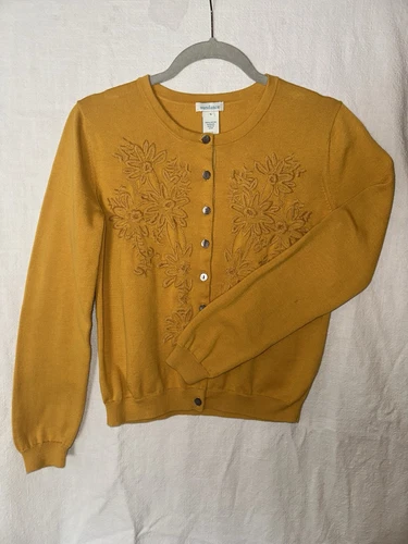 Sundance Cardigan Sweater Yellow Floral Embroidered Button Up Knit Women's Small