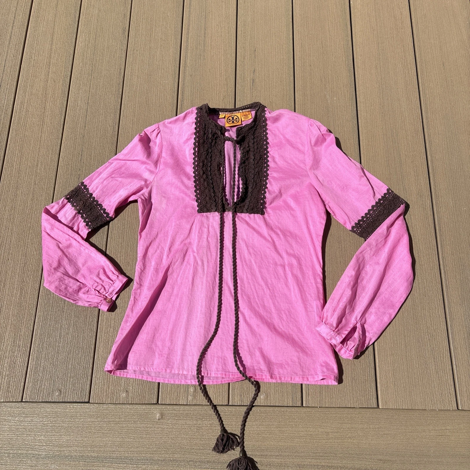 Camicia donna Tory Burch rosa marrone finto collo manica lunga nappa pizzo orlo boho 2